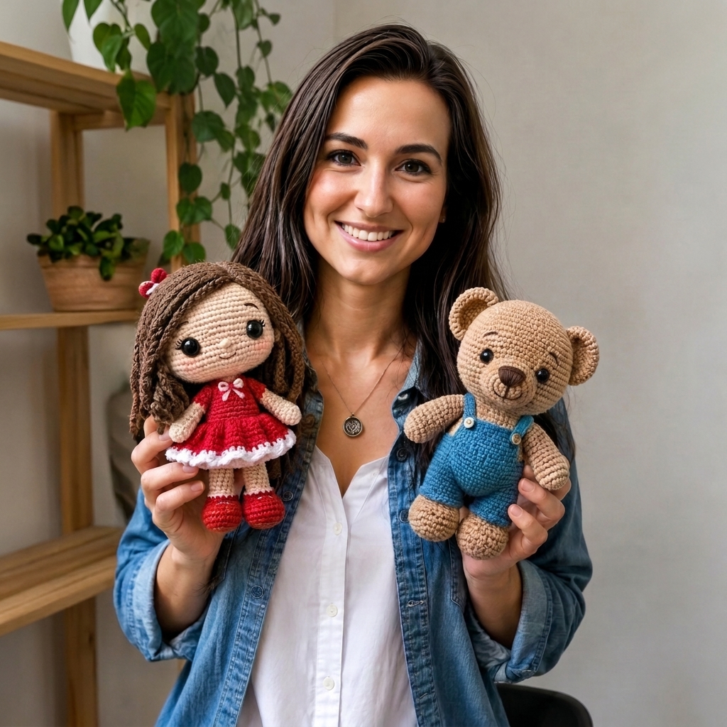 Profesora de amigurumi de Mundo Amigurumix sosteniendo sus creaciones