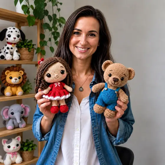 Profesora de amigurumi de Mundo Amigurumix sosteniendo sus creaciones